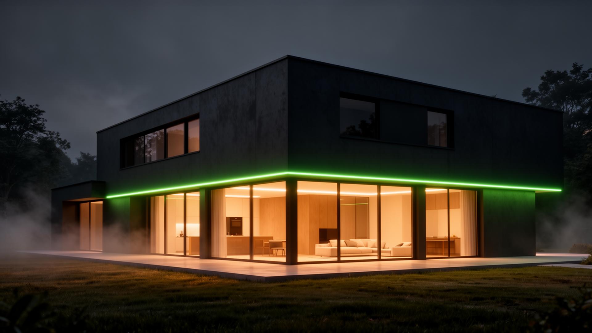 Modernes smartes Gebäude in der Dämmerung mit grüner LED-Beleuchtung