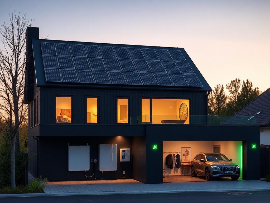 Modernes Haus mit PV-Anlage, Batteriespeicher und Wallbox in der Dämmerung
