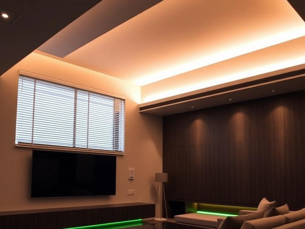 Modernes Wohnzimmer mit smarter Beleuchtung und automatisierten Jalousien